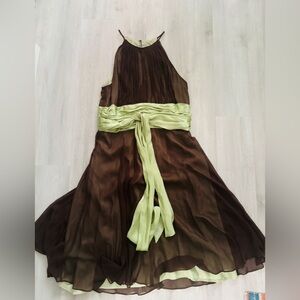 MAGGY LONDON Brown Silk Green Waist & Lining Midi Dress